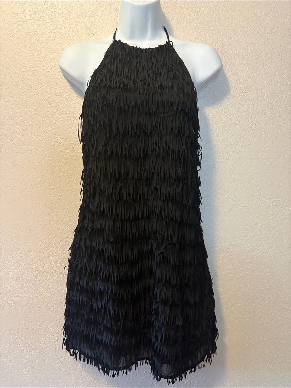 H&M Black Poly Chiffon fringed dress open back halter size 6